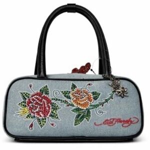 Ed Hardy Floral Embroidered denim Shoulder Bag - Black and Gray